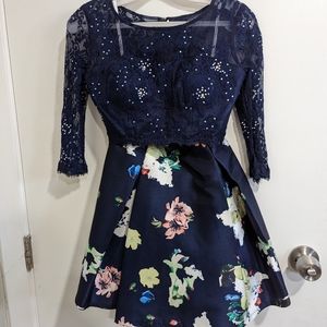 2 Piece dress navy blue with floral skirt size XS